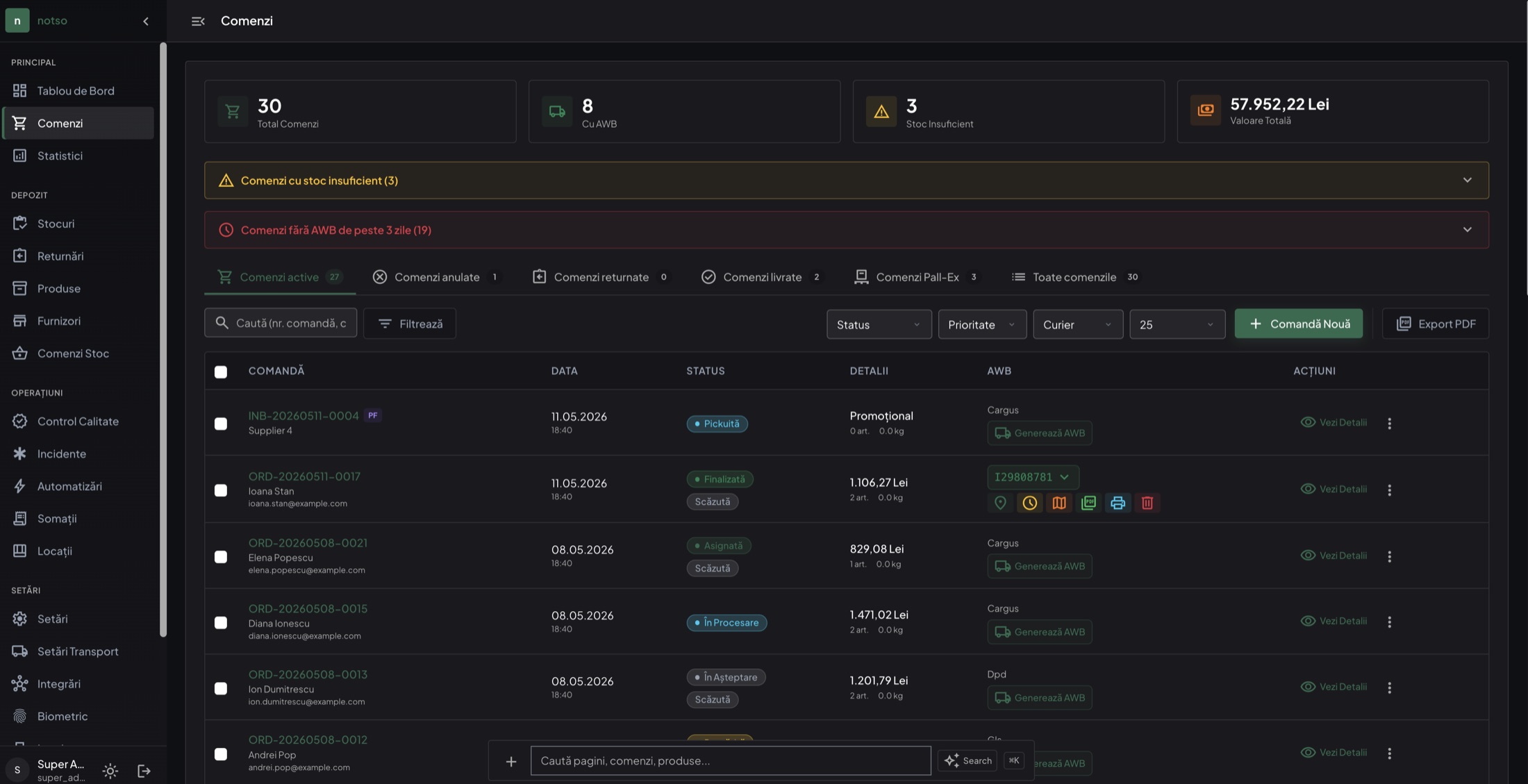 The Orders screen in notsowms, with AWB and invoice on every row